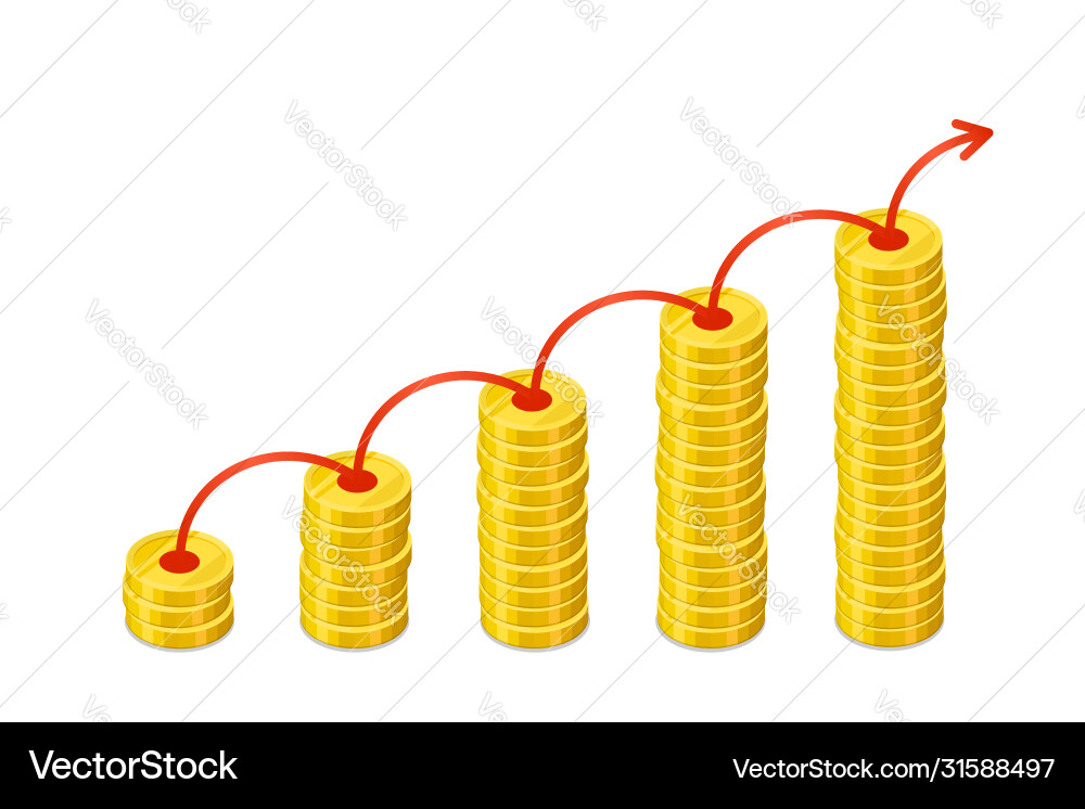 Graph out columns gold coins with red arrow Graph out columns gold coins with red arrow vector image