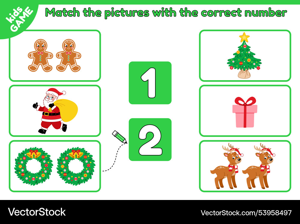 Xmas math game match objects with correct number Xmas math game match objects with correct number vector image