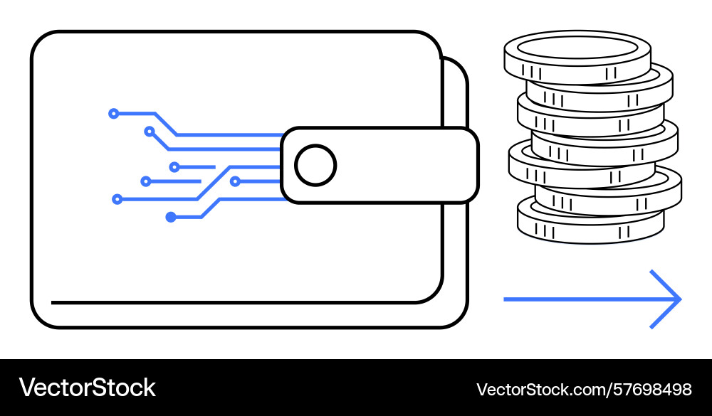 Digital wallet with circuit connection and stack Digital wallet with circuit connection and stack vector image