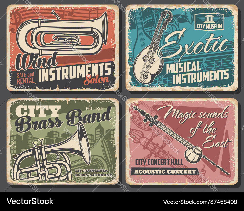 Music instruments and live concert retro posters Music instruments and live concert retro posters vector image
