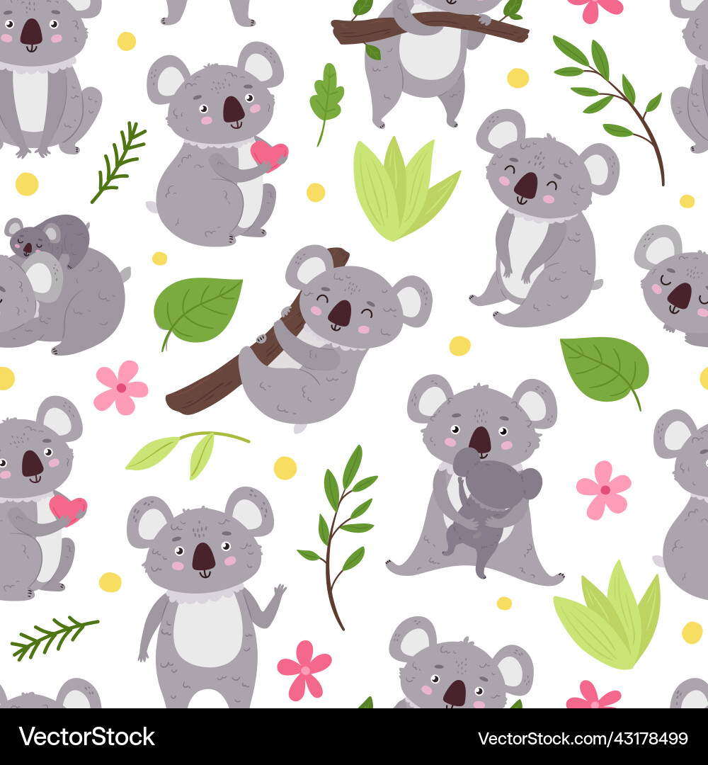 Koala pattern seamless bear animals with plant vector image