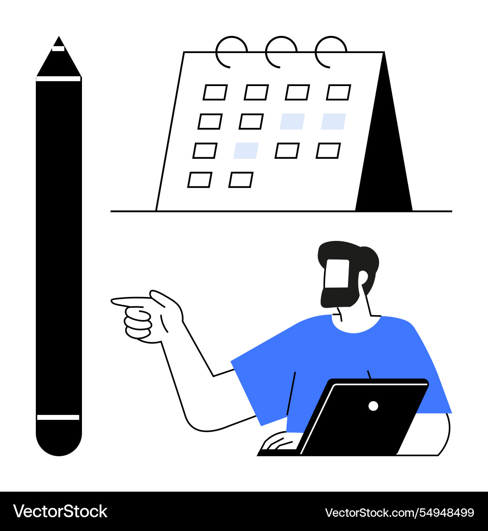 Man pointing while using laptop near calendar Man pointing while using laptop near calendar vector image