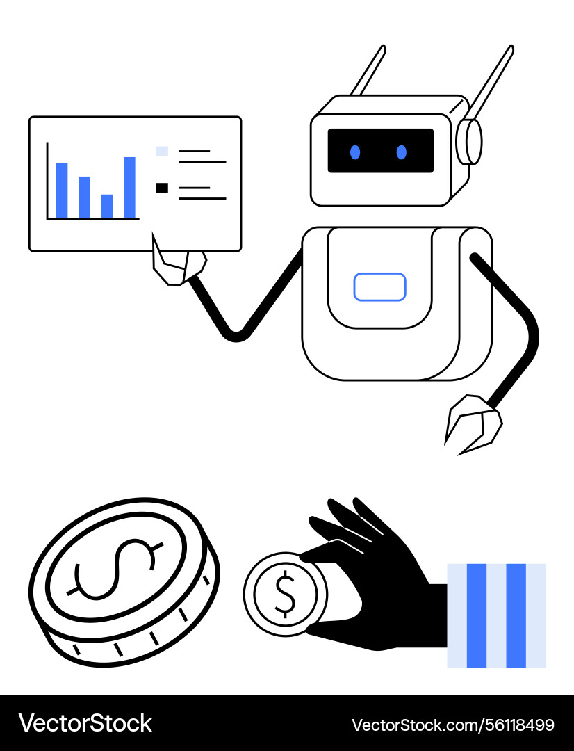 Robot analyzing financial data and presenting Robot analyzing financial data and presenting vector image