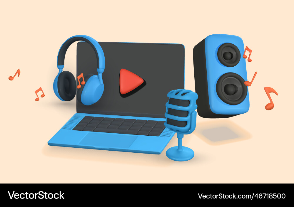 3d music banner realistic microphone laptop Vector Image