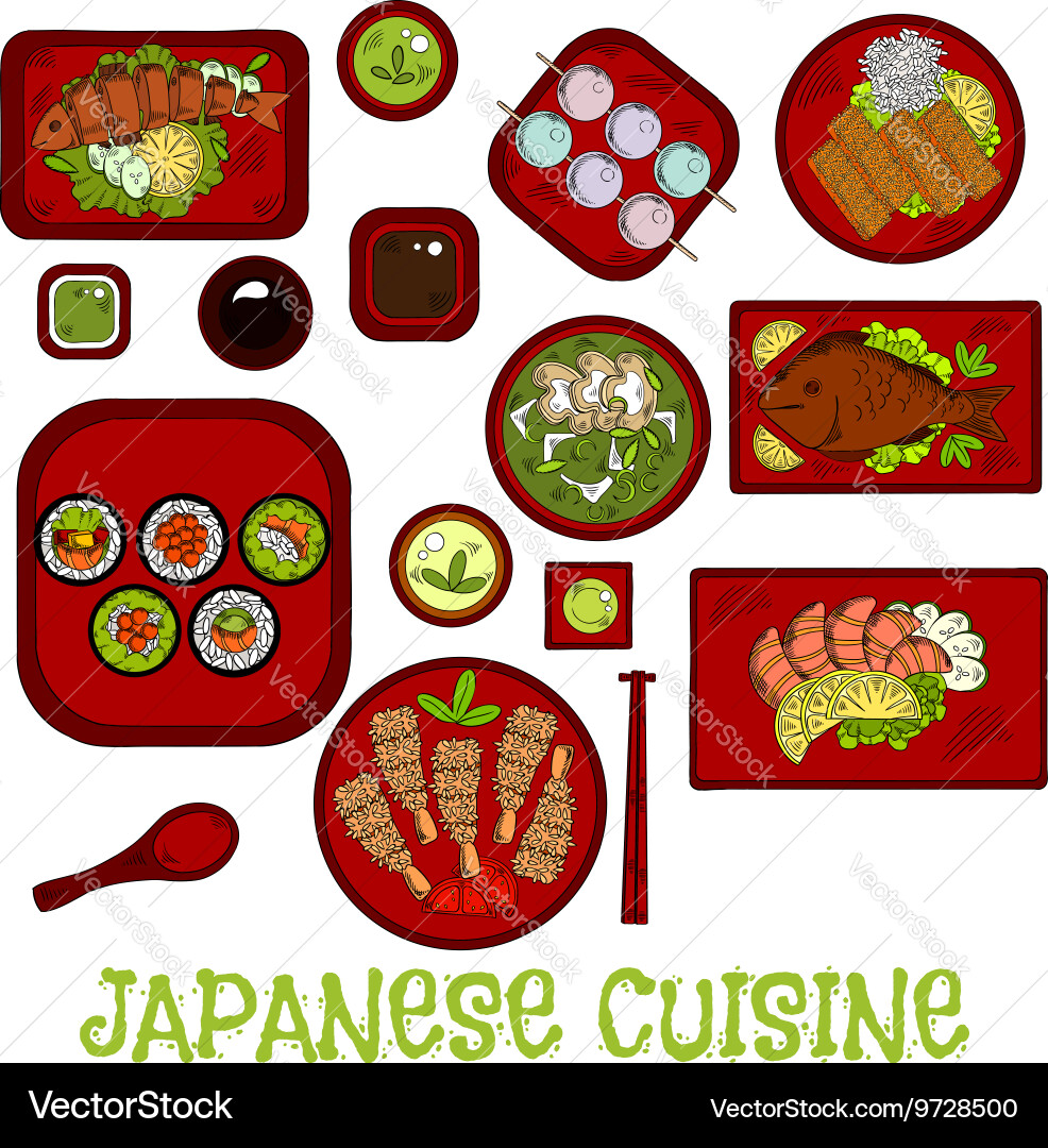 Japanese seafood dinner with dessert sketch icon Vector Image