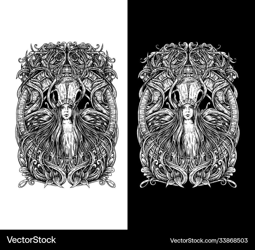 Dark Woman with Deer Skull and Wings Vector Image