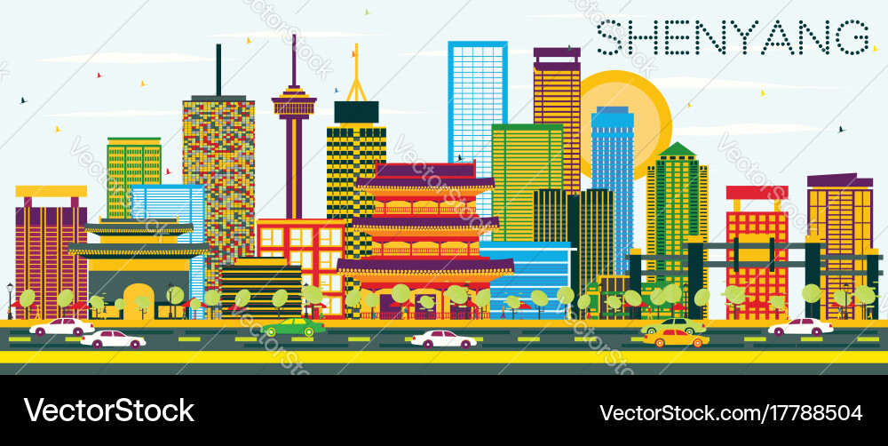 Shenyang Skyline mit Farbbauten und blauem Himmel Vektorbild