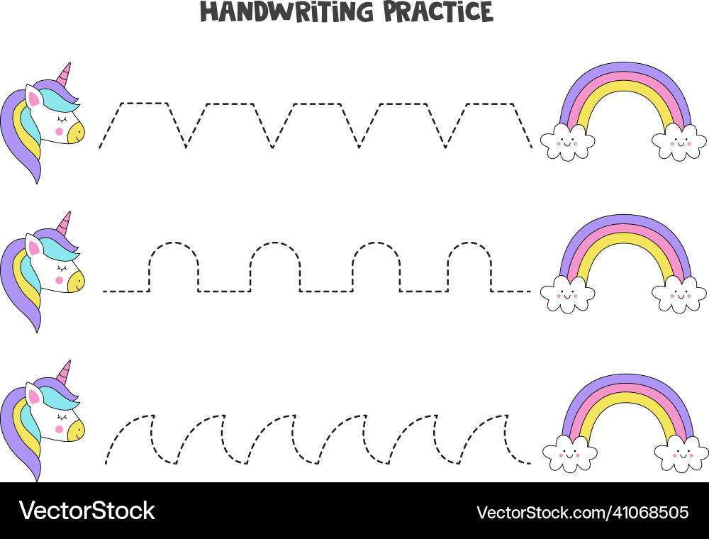 Tracing lines with unicorn and rainbow writing Vector Image