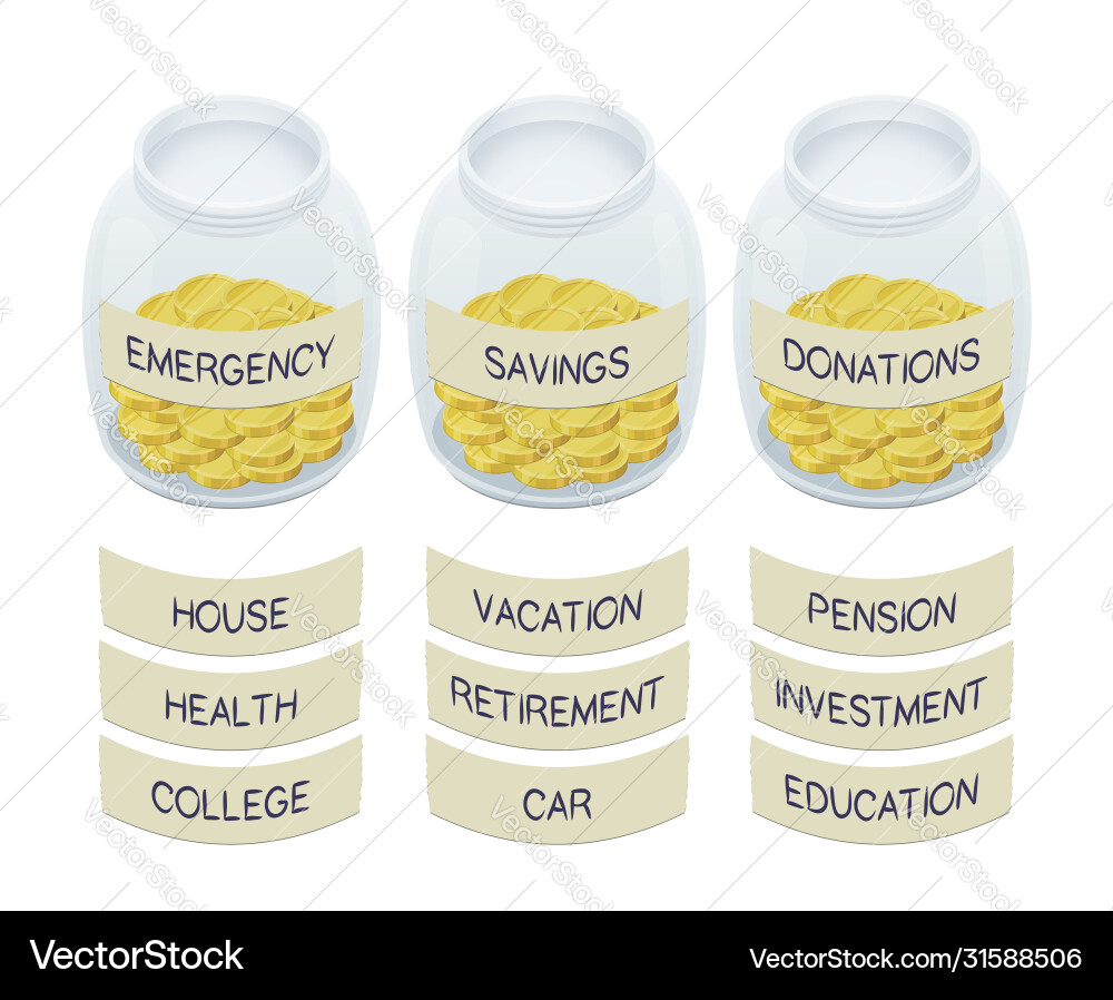 Coins in jars with labels - financial concept Coins in jars with labels - financial concept vector image