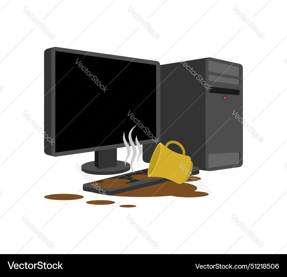 Cup of coffee spilled computer tea Royalty Free Vector Image