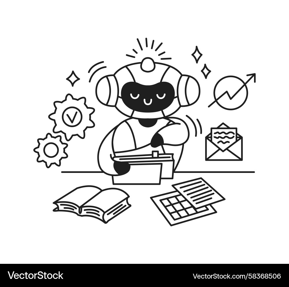 Smiling Robot Analyzing Data Vector Image