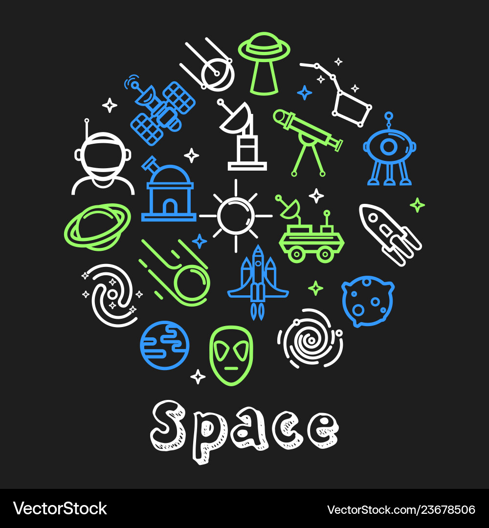 Space outline icons cosmos and cosmic objects Space outline icons cosmos and cosmic objects vector image