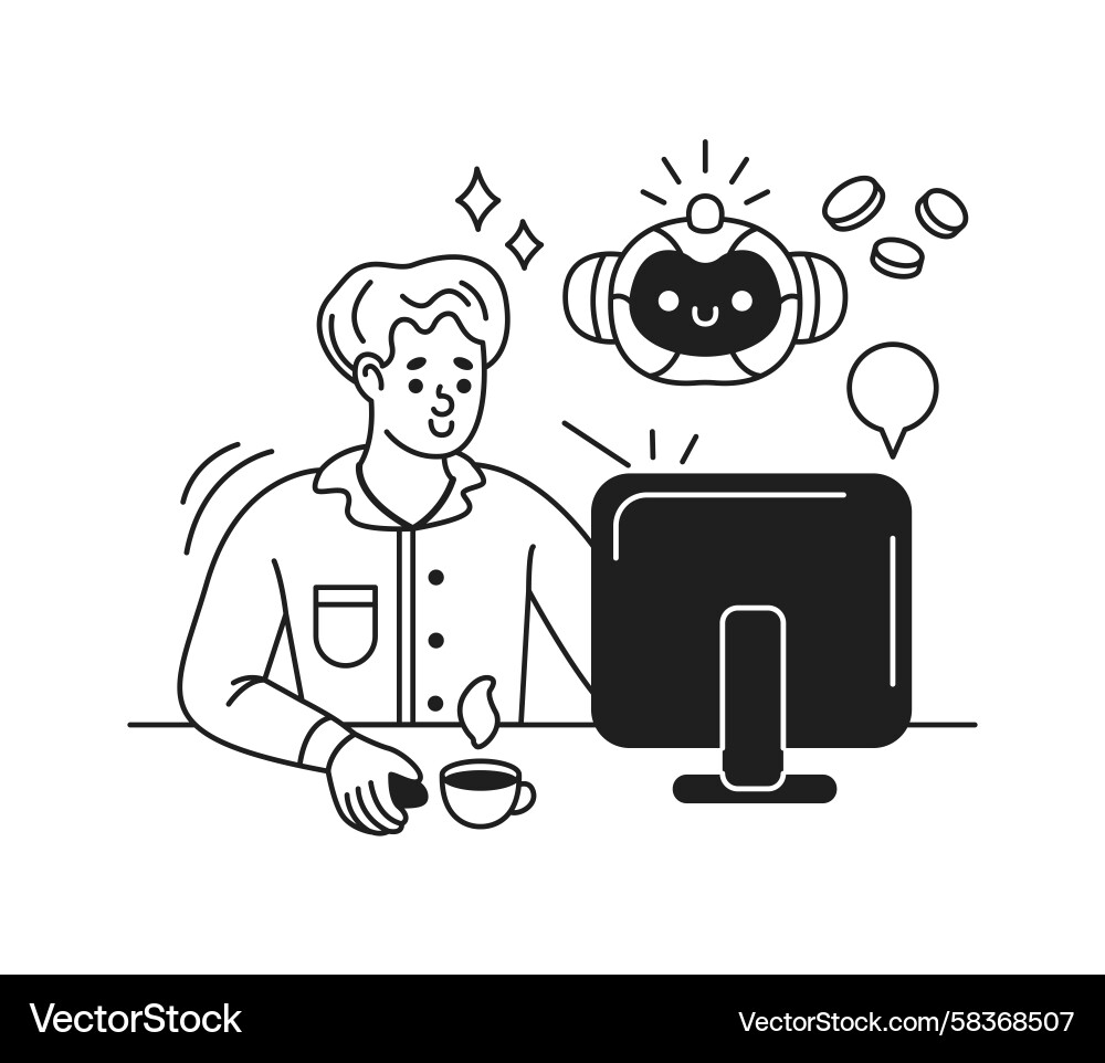 Person interacting with friendly robot on computer Vector Image