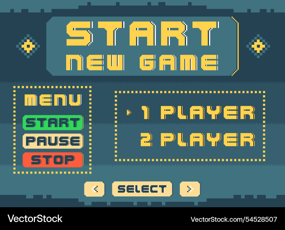 Start game menu pixel art console dashboard Vector Image
