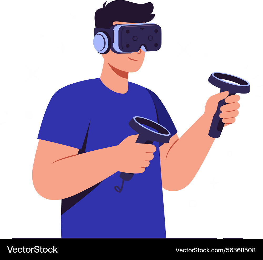 Man using virtual reality headset and controllers Man using virtual reality headset and controllers vector image