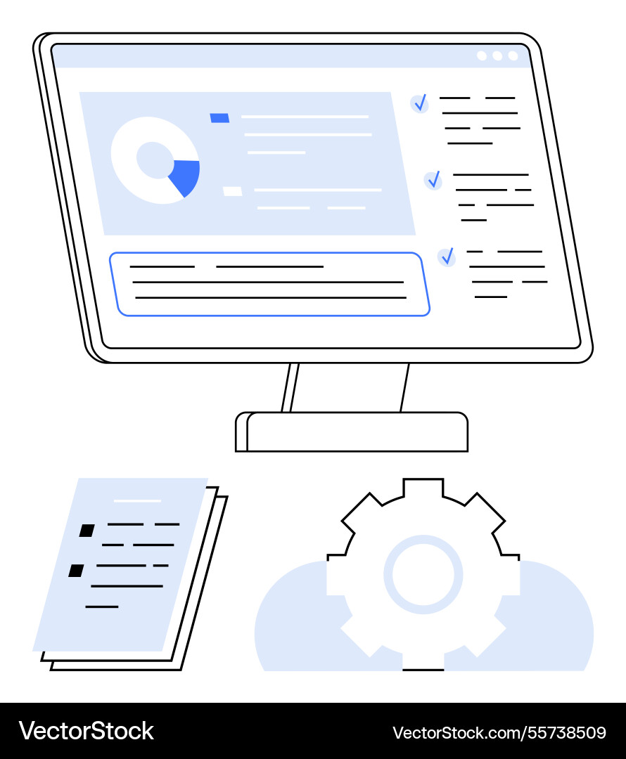Data analysis dashboard with documents and gear Data analysis dashboard with documents and gear vector image