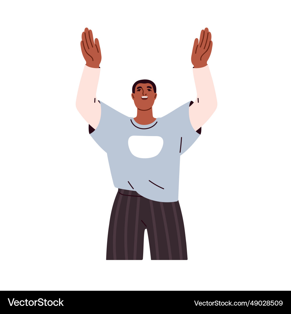 Happy black man looking up with hands gesture Happy black man looking up with hands gesture vector image