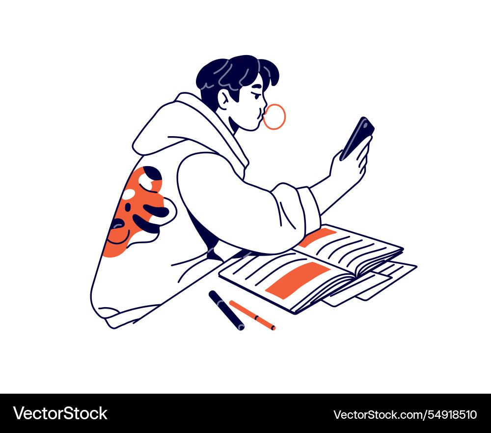 Lazy student scrolls social networks in smartphone vector image