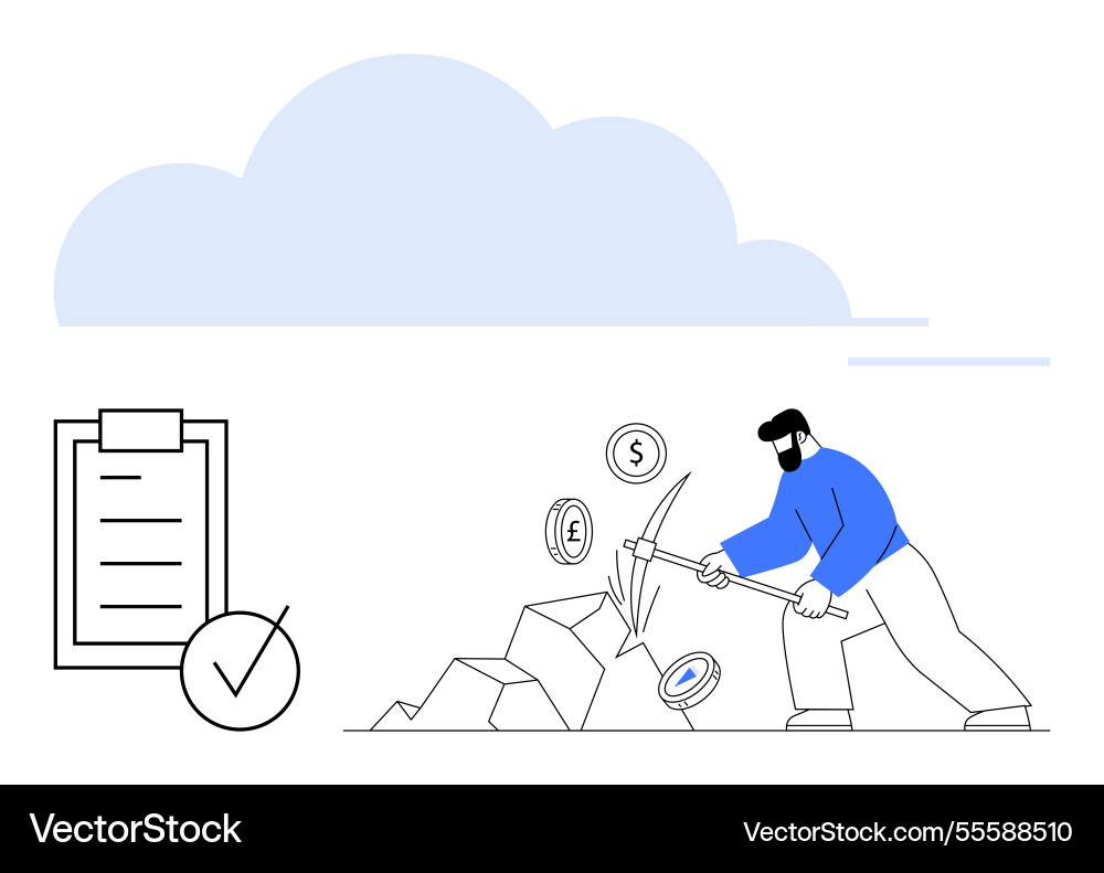 Man mining cryptocurrency while completing tasks Man mining cryptocurrency while completing tasks Vector Image