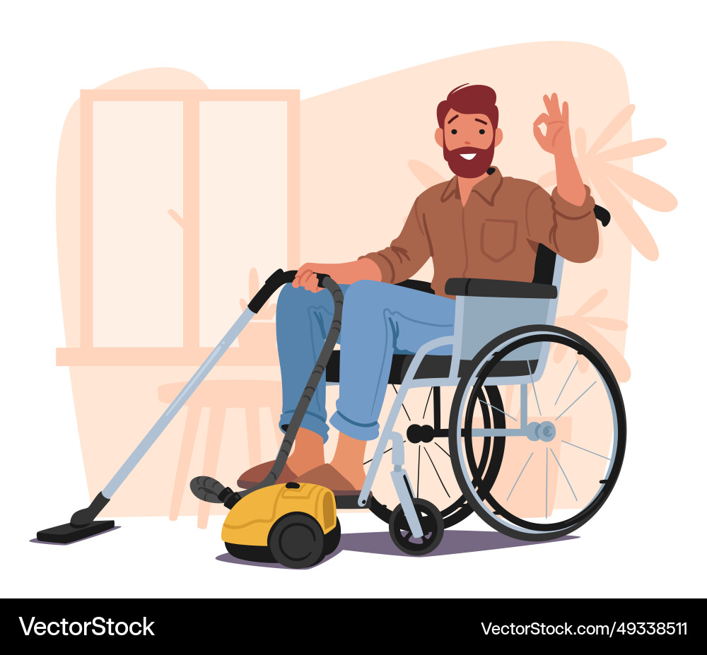 Determined man in a wheelchair skillfully vacuums Vector Image