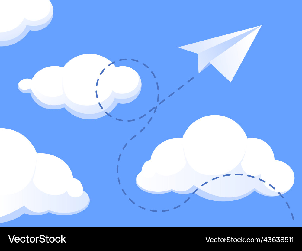 Paper plane in clouds flat background with folded Paper plane in clouds flat background with folded vector image