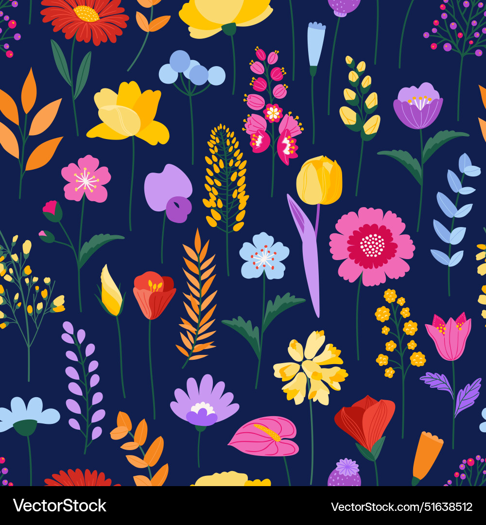 Wildflowers seamless pattern dark blue background Wildflowers seamless pattern dark blue background vector image