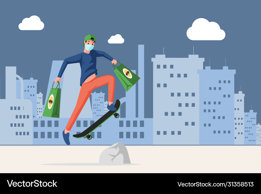 Man in face mask holding bags with fast food Man in face mask holding bags with fast food vector image