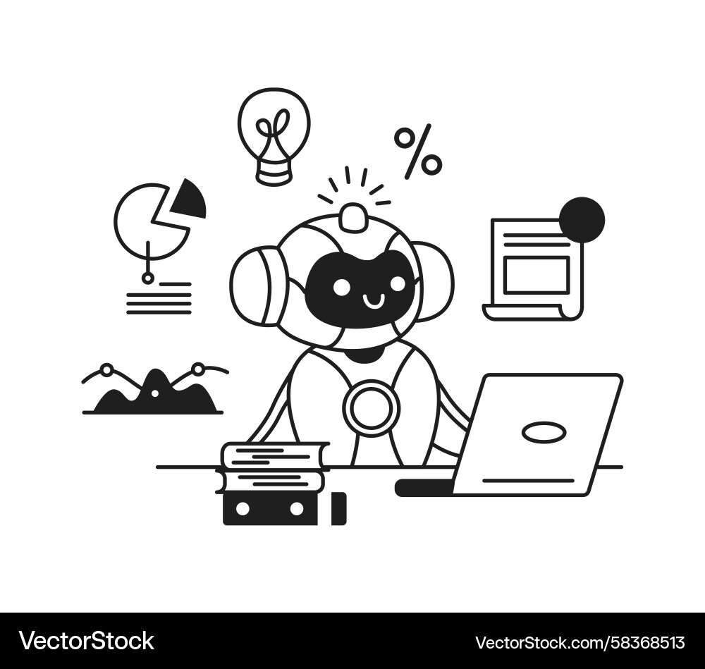 Smiling Robot Analyzing Data Vector Image