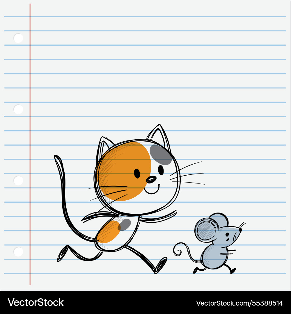 A cat and mouse running on lined paper A cat and mouse running on lined paper vector image