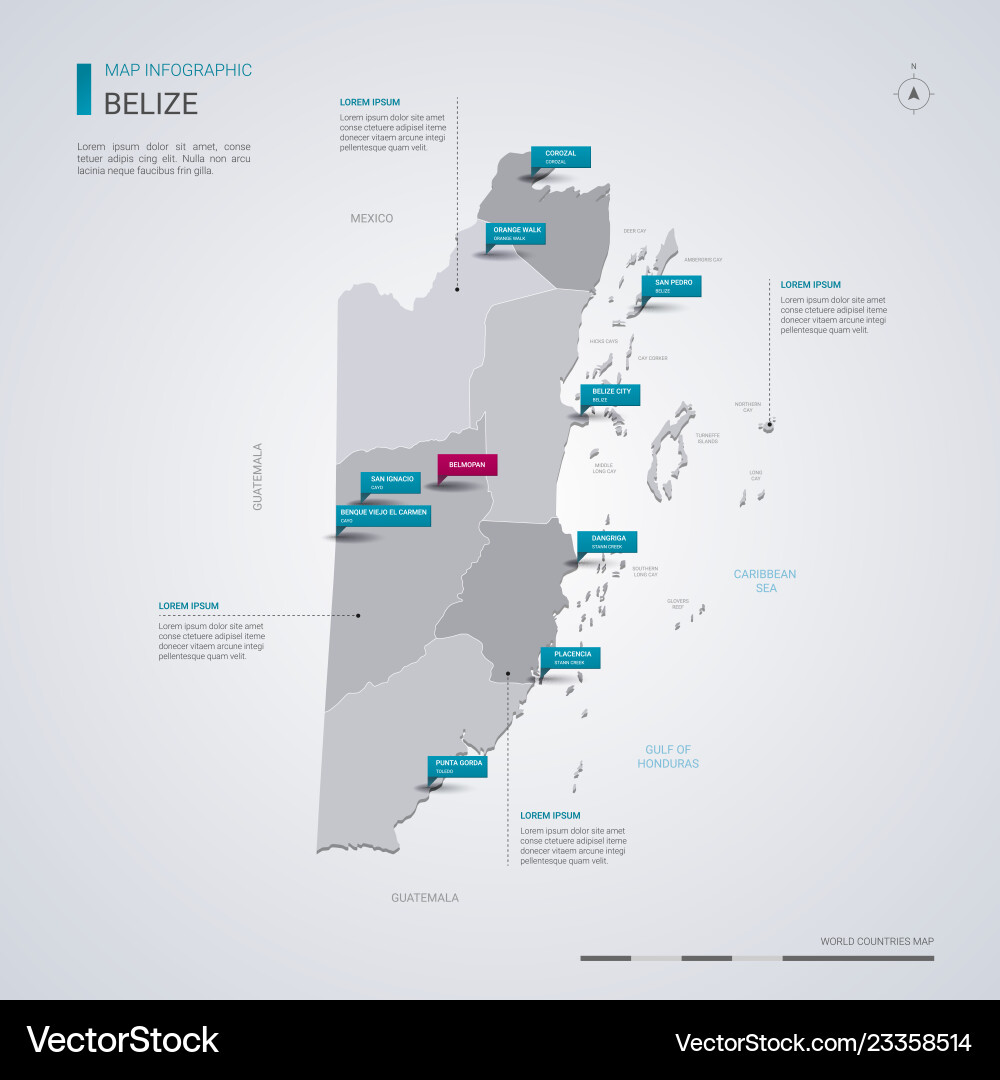 Belize map with infographic elements pointer marks Belize map with infographic elements pointer marks vector image