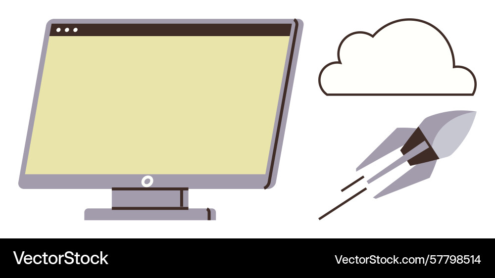 Desktop monitor with cloud and rocket representing vector image