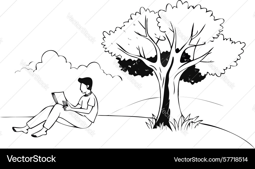 Relaxing person reading under tree outline design Vector Image