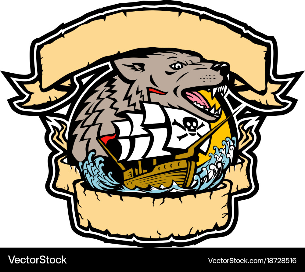 Angry wolf pirate ship banner retro Vector Image
