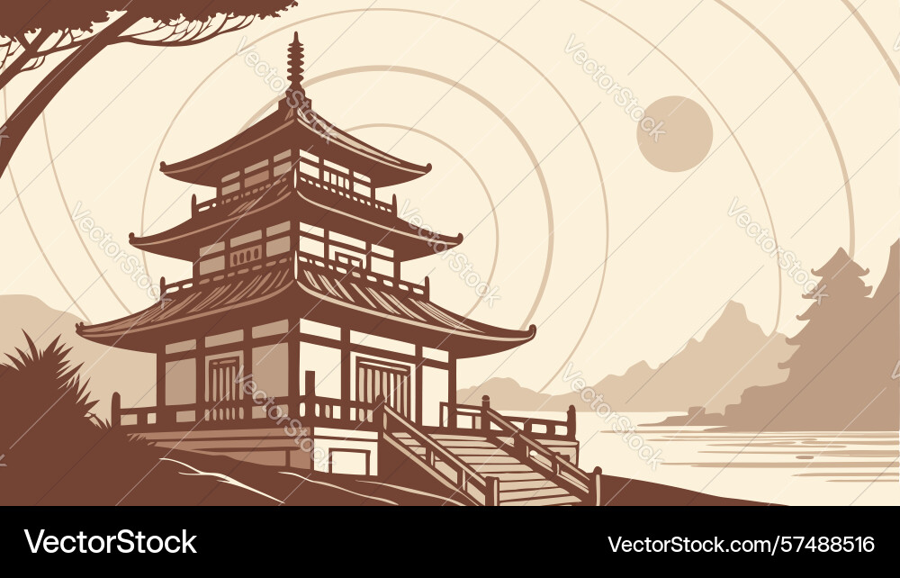 Pagoda with elegant pine tree design generative ai Vector Image