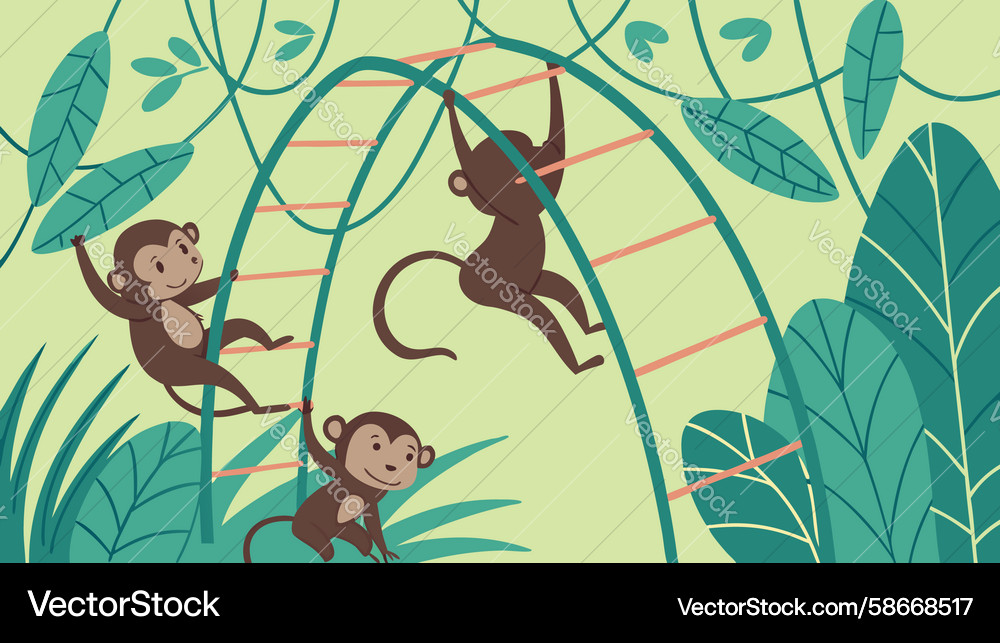 Monkeys on jungle net playful climbing fun design Vector Image