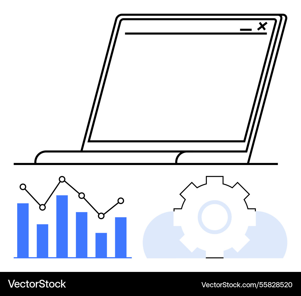 Laptop interface with graphs and gears Vector Image