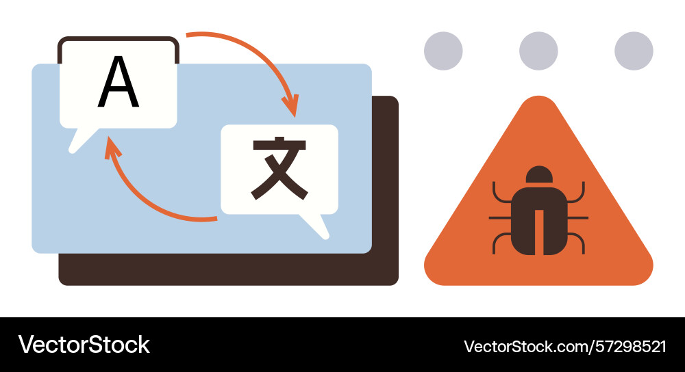 Language translation process with bug warning sign Language translation process with bug warning sign vector image