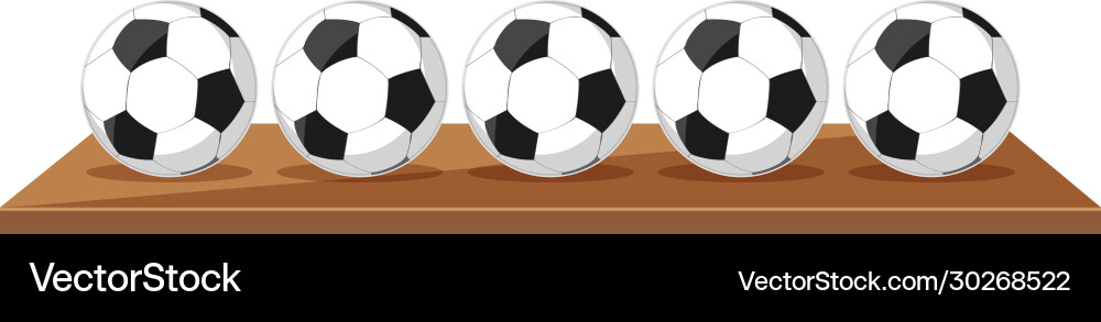 Five soccer balls on wooden board Five soccer balls on wooden board vector image