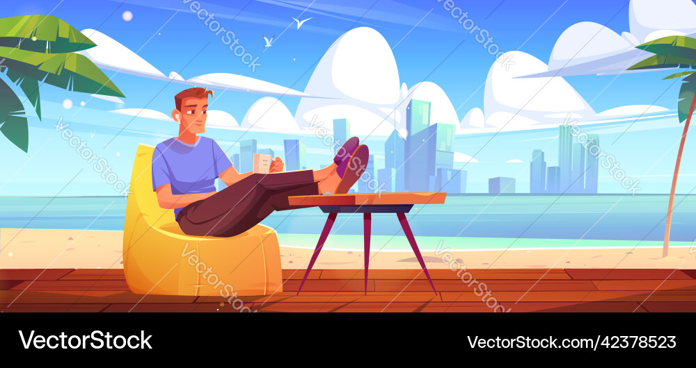 Man rest on wooden terrace sea beach vector image