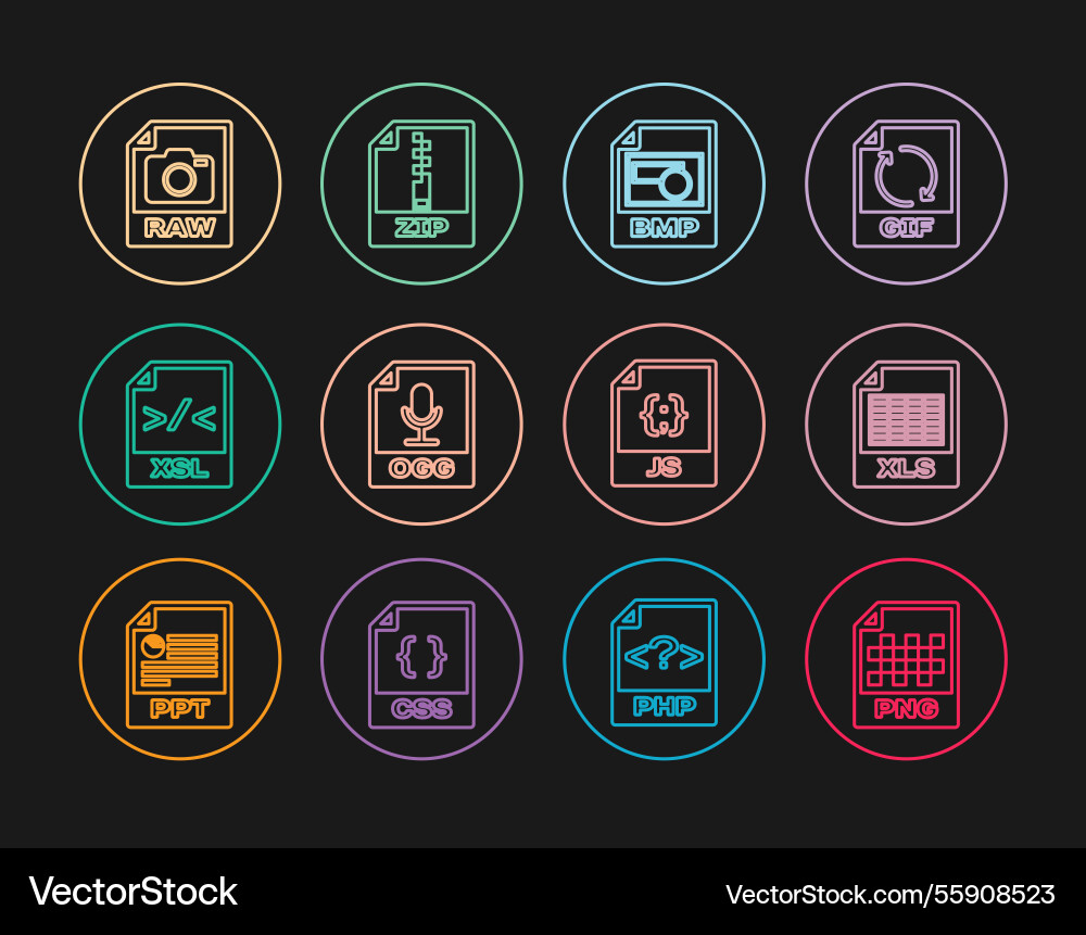 Set line png file document xls bmp ogg xsl raw js Set line png file document xls bmp ogg xsl raw js vector image