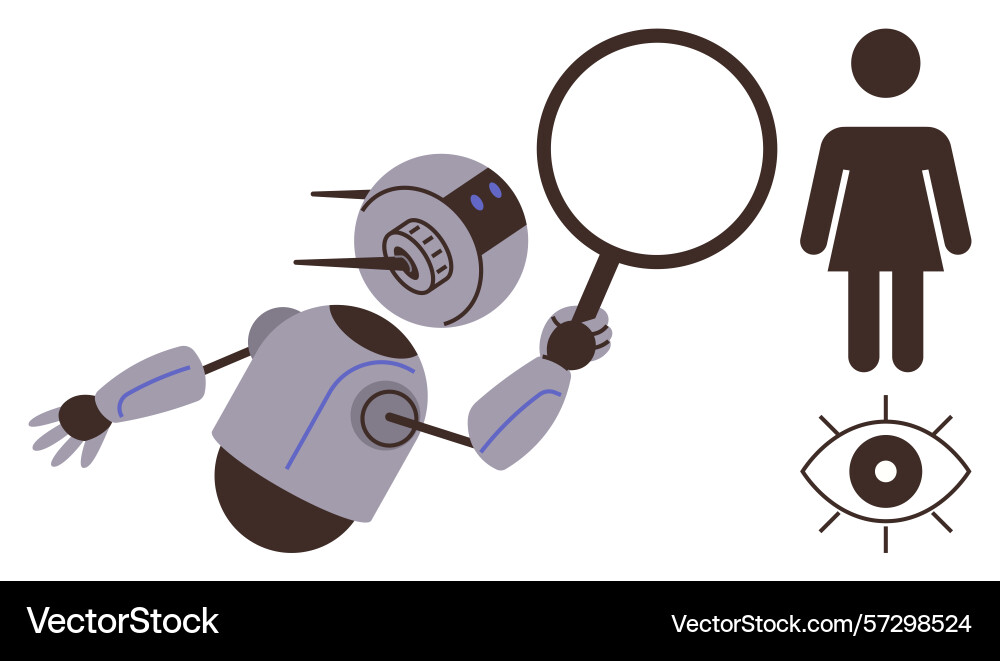 Robot analyzing human figure with a magnifying Robot analyzing human figure with a magnifying Vector Image