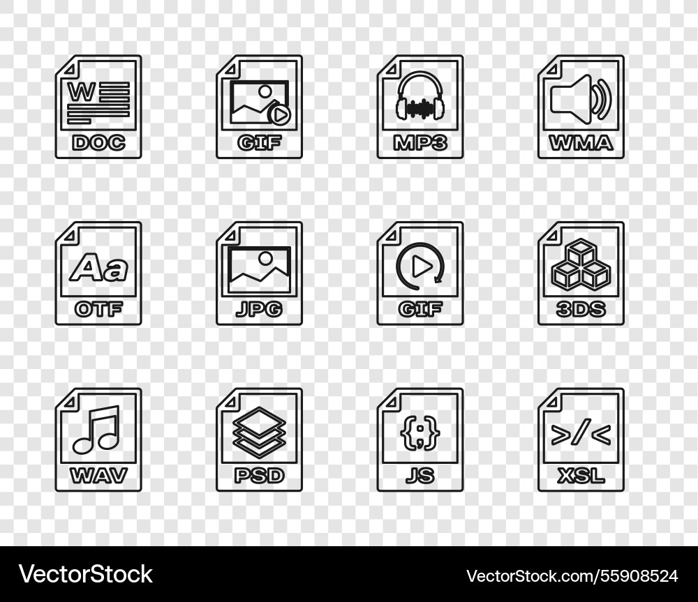 Set line wav file document xsl mp3 psd doc jpg js Set line wav file document xsl mp3 psd doc jpg js Vector Image
