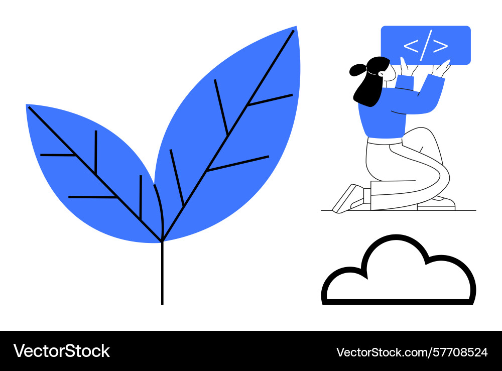 Woman coding while kneeling connected to nature Vector Image