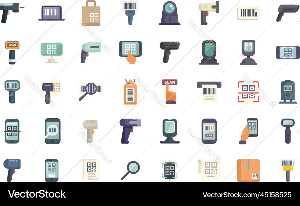 Code scanning icons set flat qr barcode Code scanning icons set flat qr barcode vector image