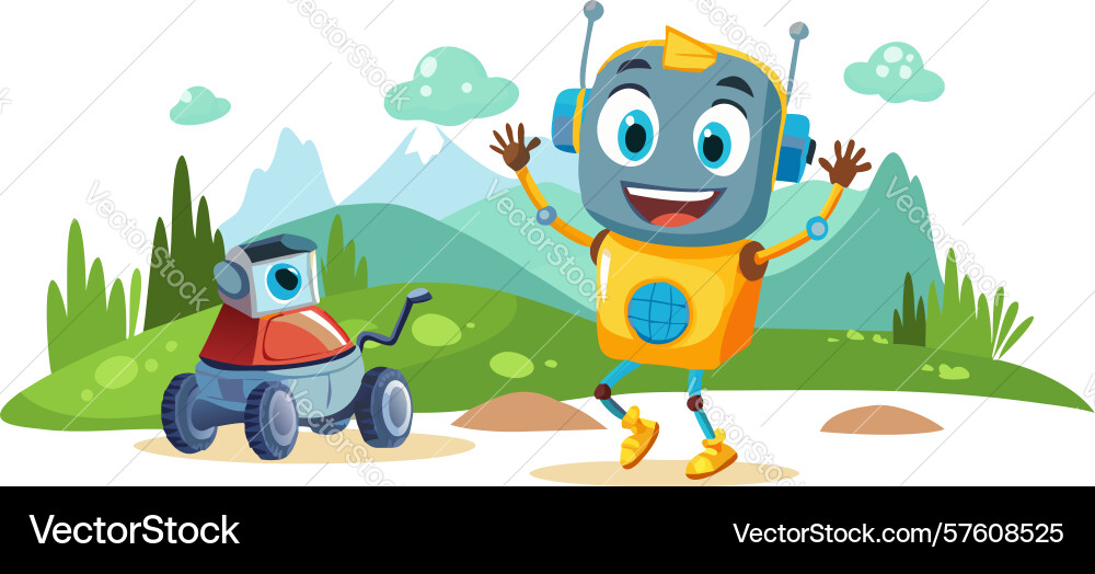 Robots on alien planet with landscape design Vector Image