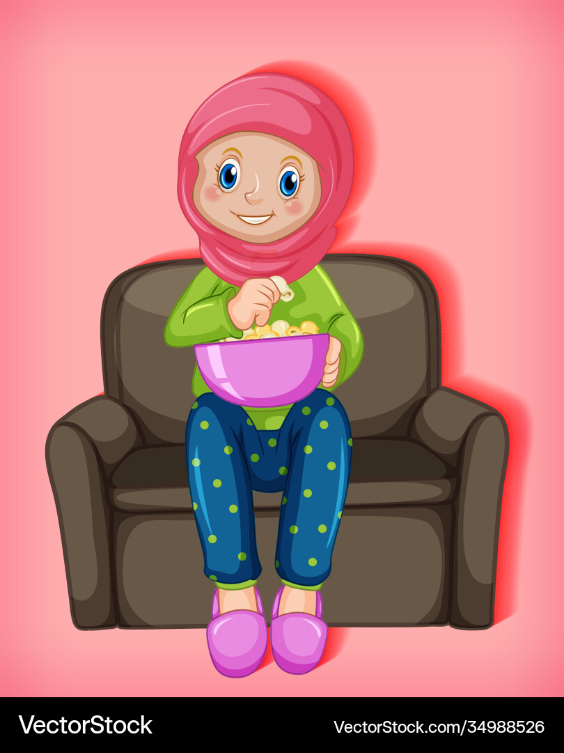 Female muslim cartoon on character eating popcorn Female muslim cartoon on character eating popcorn vector image