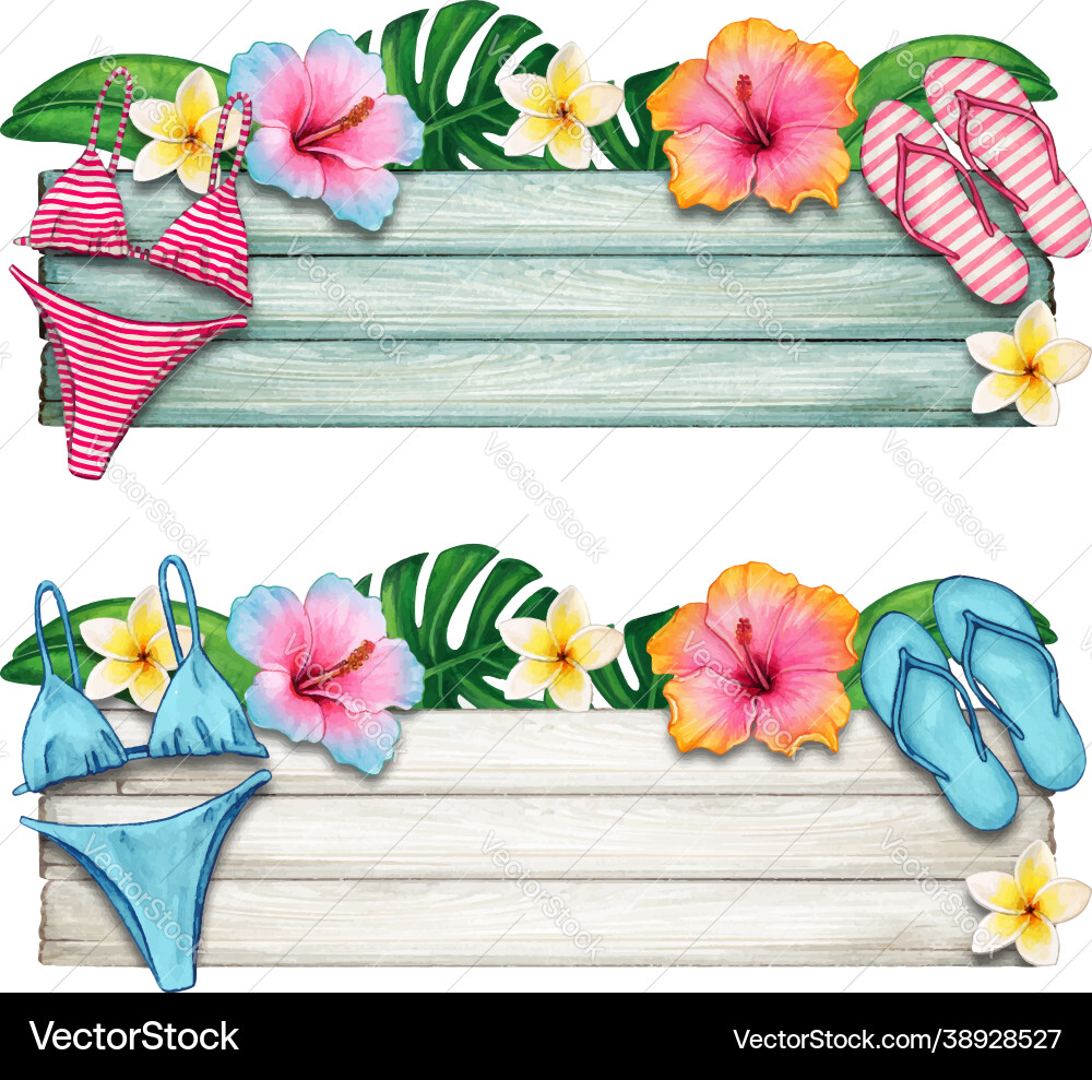 Aquarell Sommer Holz Banner mit tropischen Aquarell Sommer Holz Banner mit tropischen vektorbild