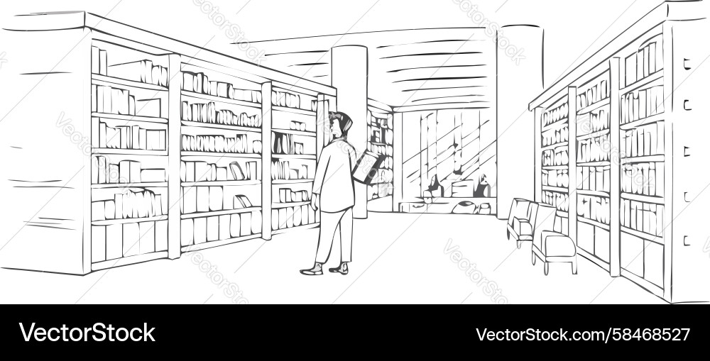 Man Reading in a Library Vector Image