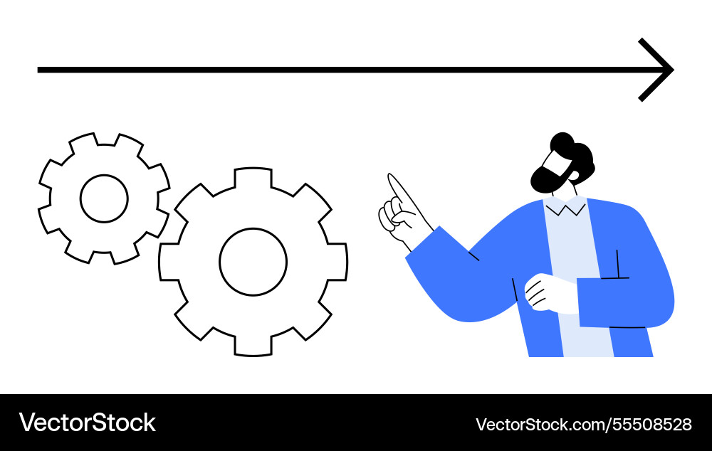 Manager pointing at gears and arrow representing Manager pointing at gears and arrow representing Vector Image