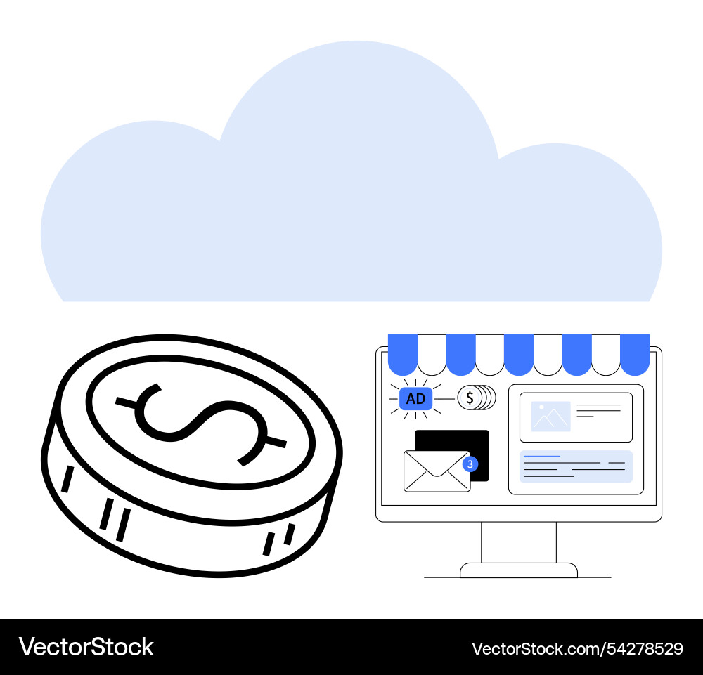 Cloud computing with e-commerce store on monitor Vector Image
